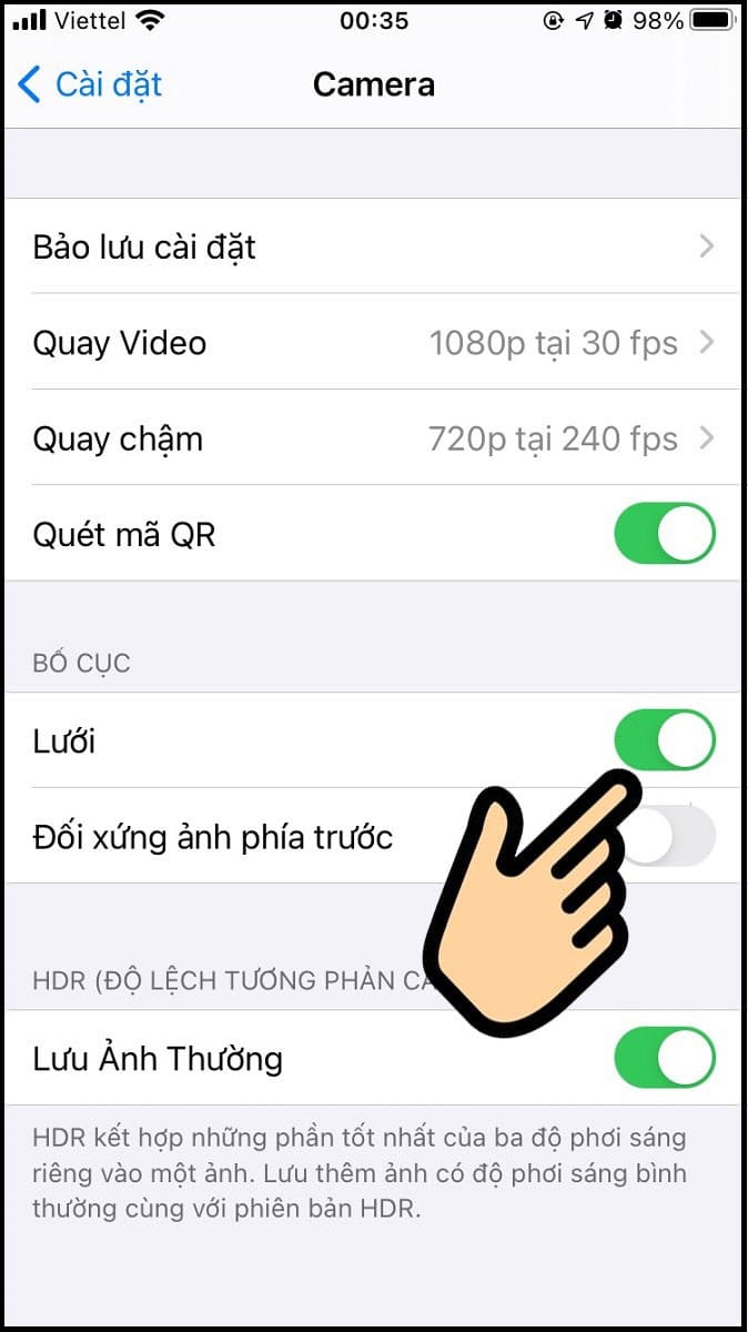 Ảnh: cài đặt chế độ Lưới trên Samsung Android: Máy ảnh (Camera) > Cài đặt > Lưới